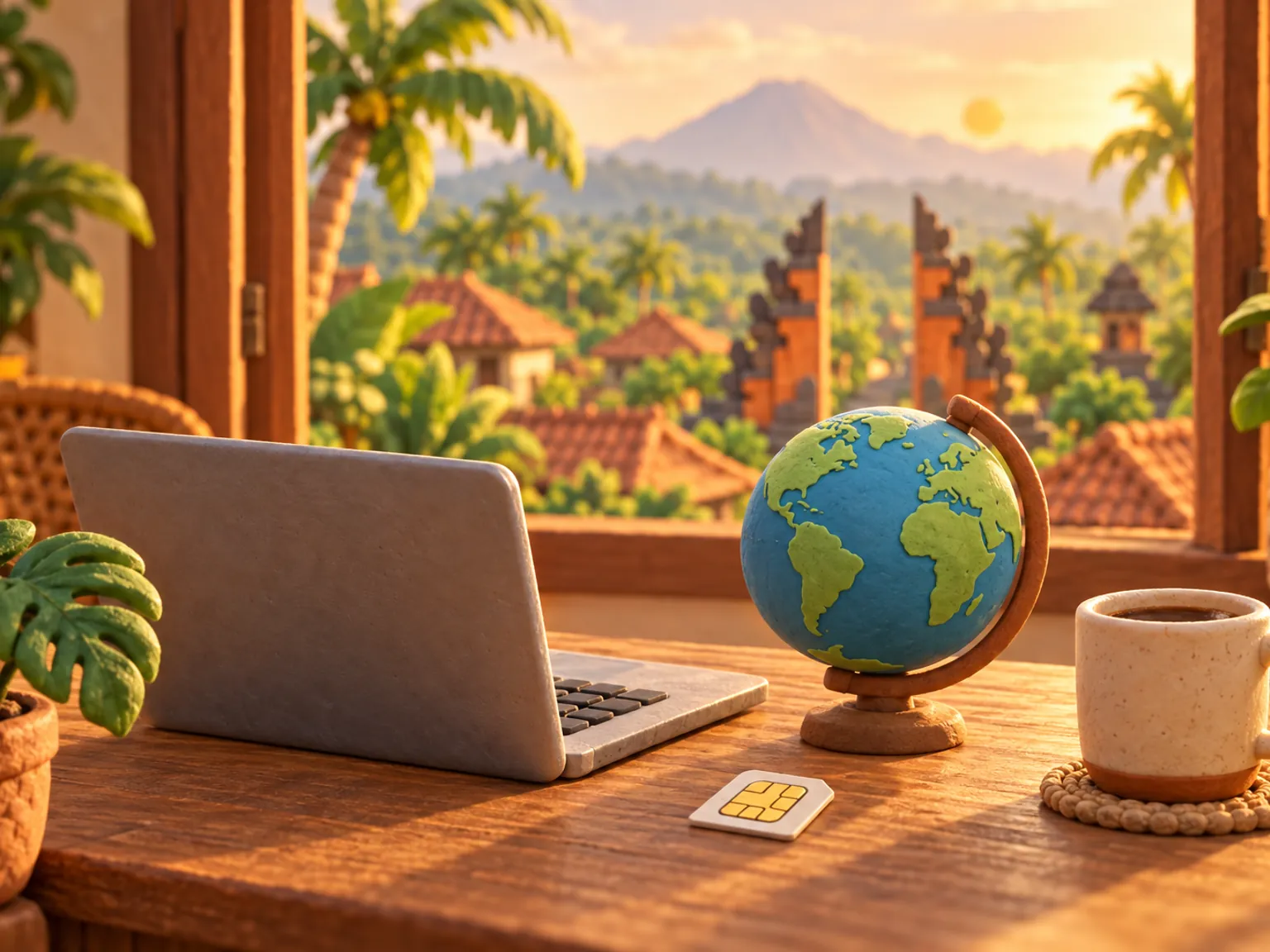 Illustration: a small travel desk with a laptop, a plain globe, a SIM card and a cup of coffee.