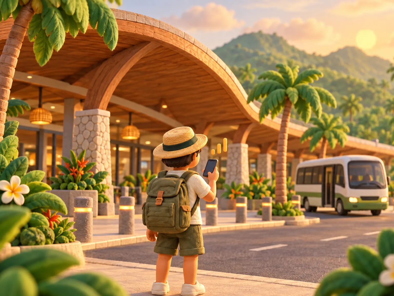 Illustration: a traveller stands outside Mactan-Cebu's low terminal under a curved wooden roof with a suitcase, a small shuttle bus waiting at a kerb lined with palms, green hills and a soft sky beyond.