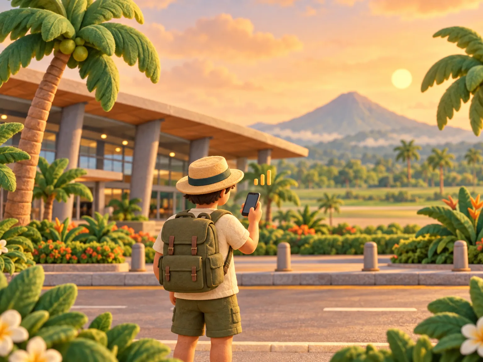 Illustration: a traveller stands outside Clark's modern low terminal with a suitcase, a low garden of palms along a quiet kerb, and a lone conical mountain rising over open green plains behind.