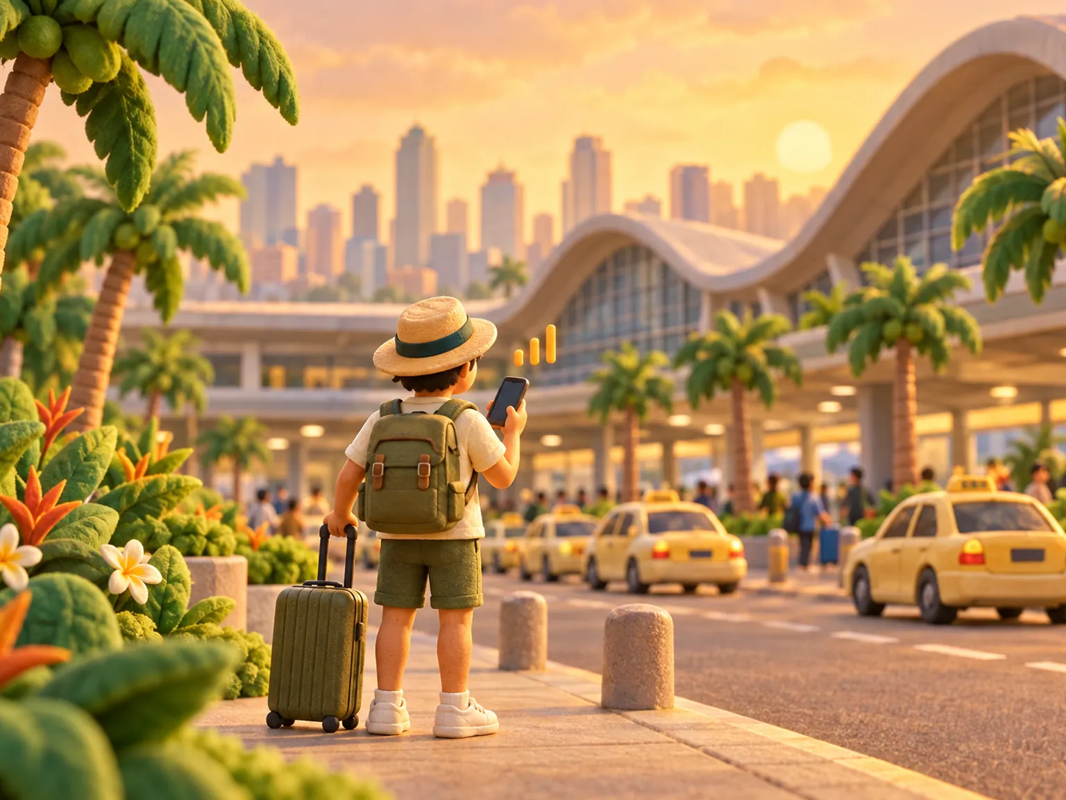 Illustration: a traveller stands outside a large Manila airport terminal with a suitcase, a kerb lined with palms and a rank of waiting taxis, the terminal's curved roof and the city skyline in warm haze.