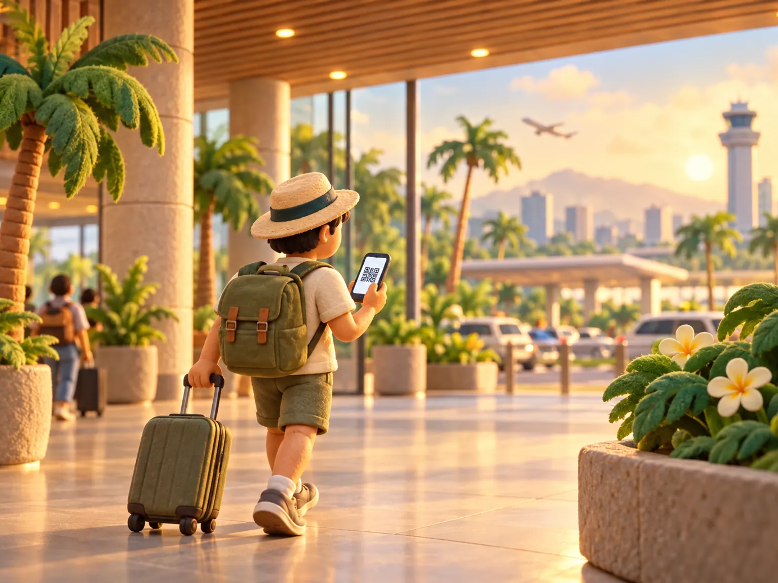Illustration: a traveller with a suitcase walks out of a Manila arrivals hall, phone in hand.
