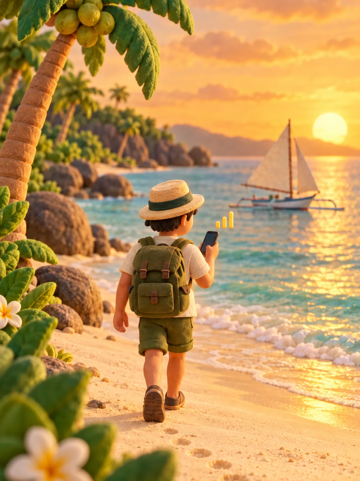 Illustration of a white-sand beach on Boracay at sunset, a small sailboat on the water.