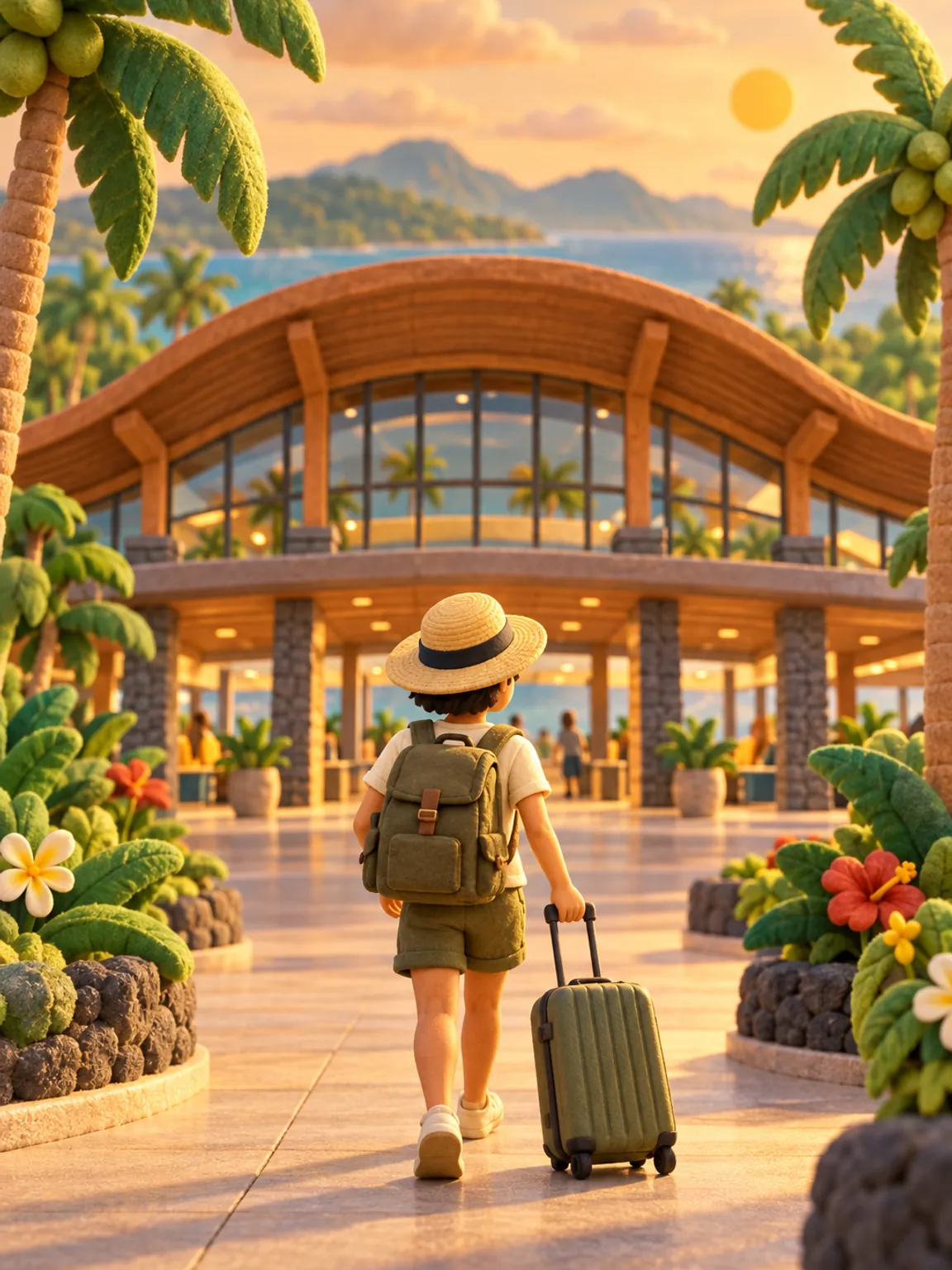 Illustration of an airport terminal on Mactan Island under a curved wooden roof, palms outside.