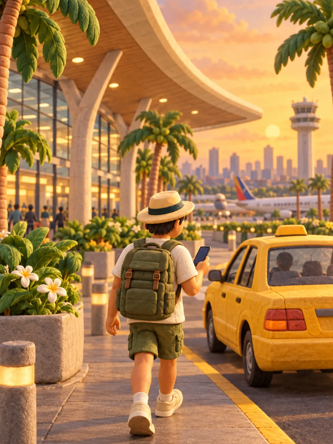 Illustration of a Manila airport terminal forecourt with palms and a waiting taxi.