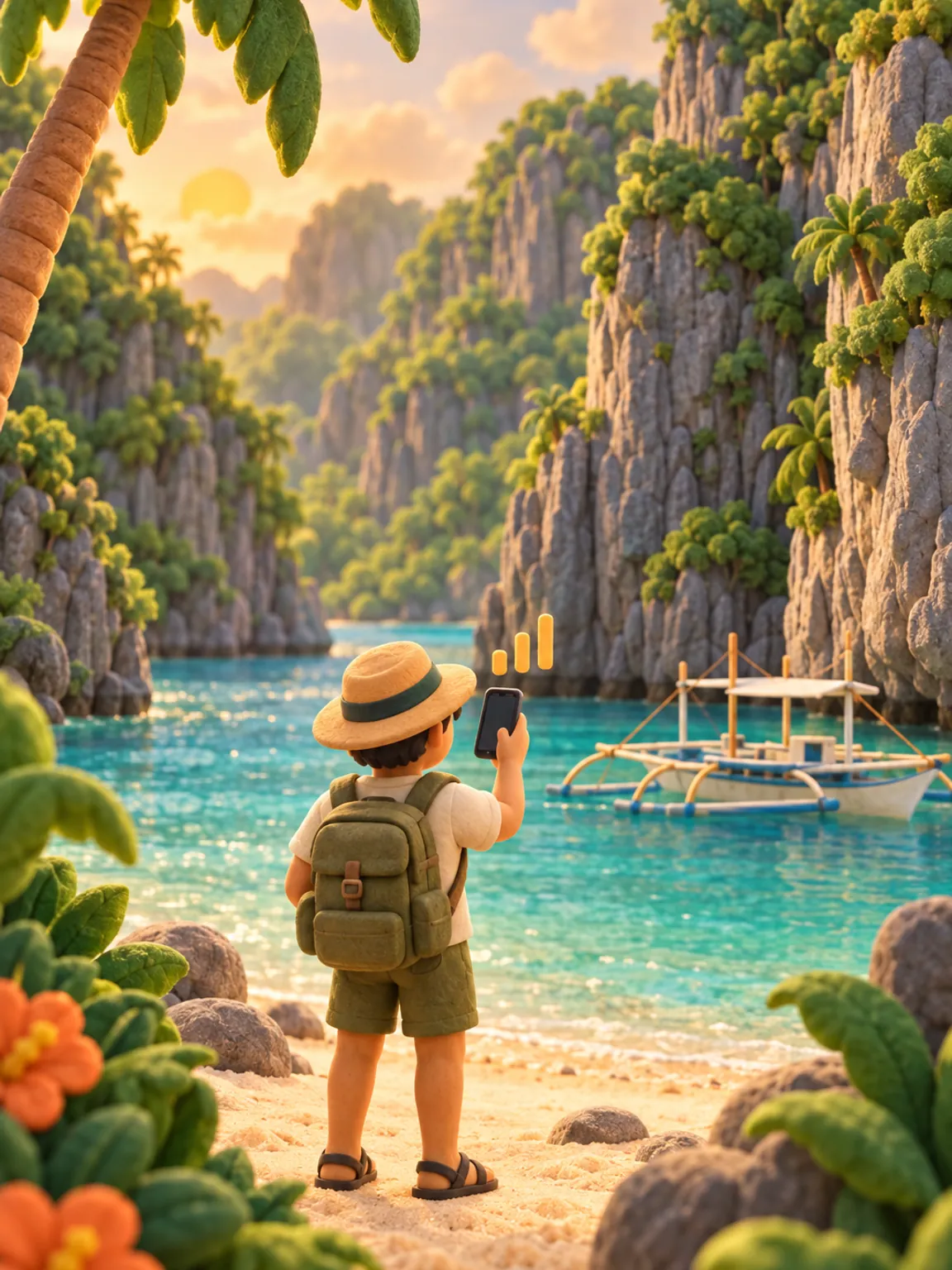 Illustration of limestone cliffs above a turquoise lagoon in Palawan, an outrigger boat moored below.