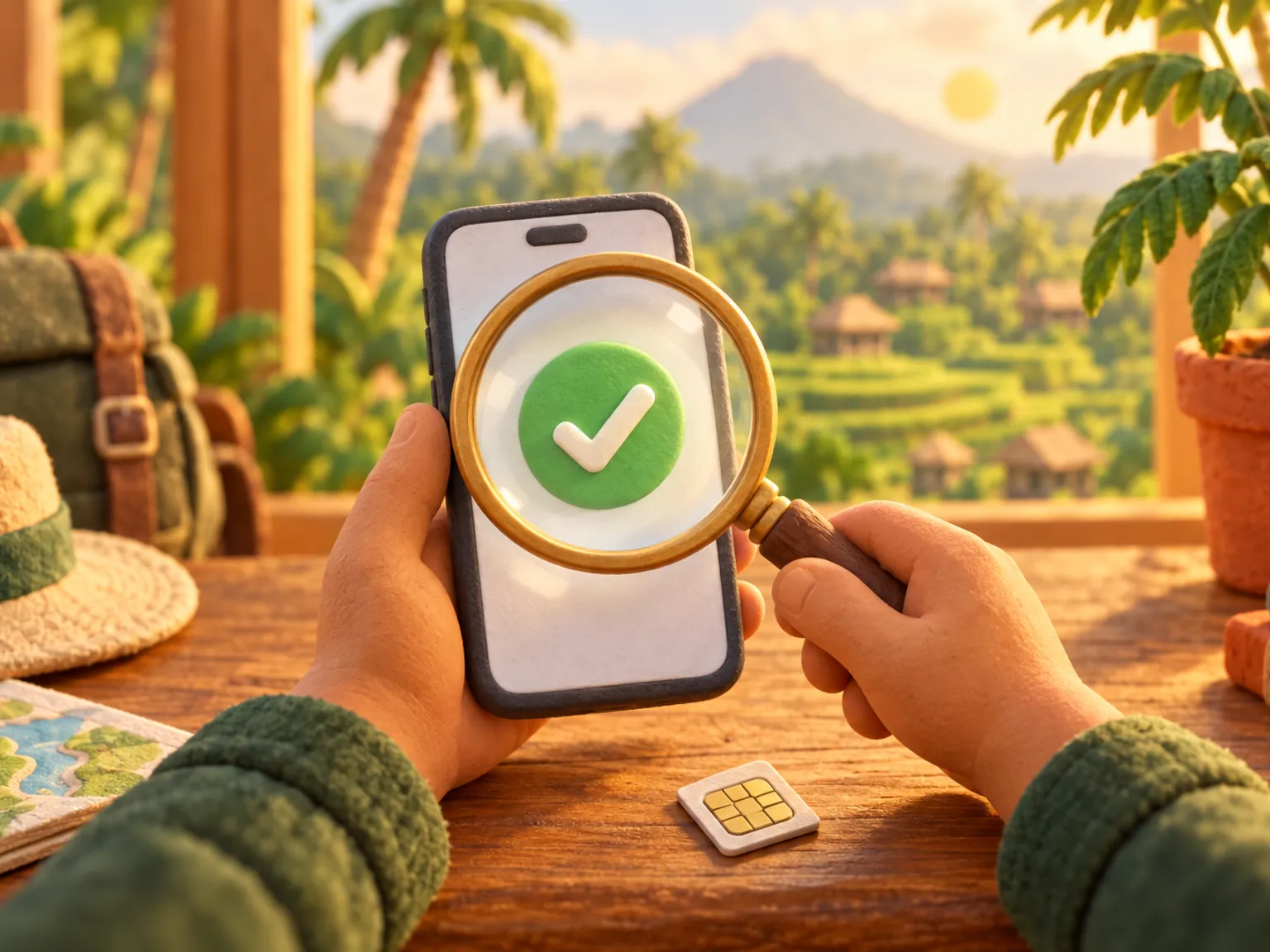 Illustration: hands hold a phone under a magnifying glass, a green tick on the screen.