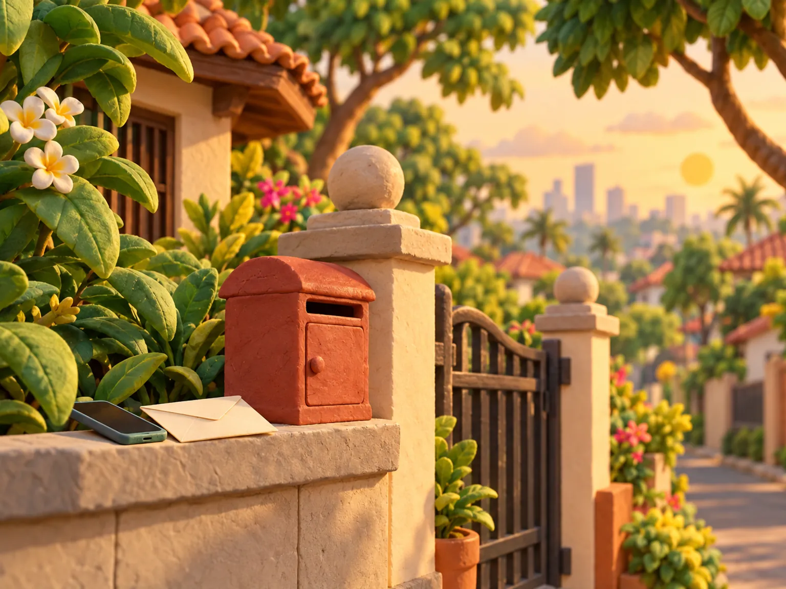 Illustration: a letterbox on a street corner in Manila, a phone and an envelope on a ledge beside it.