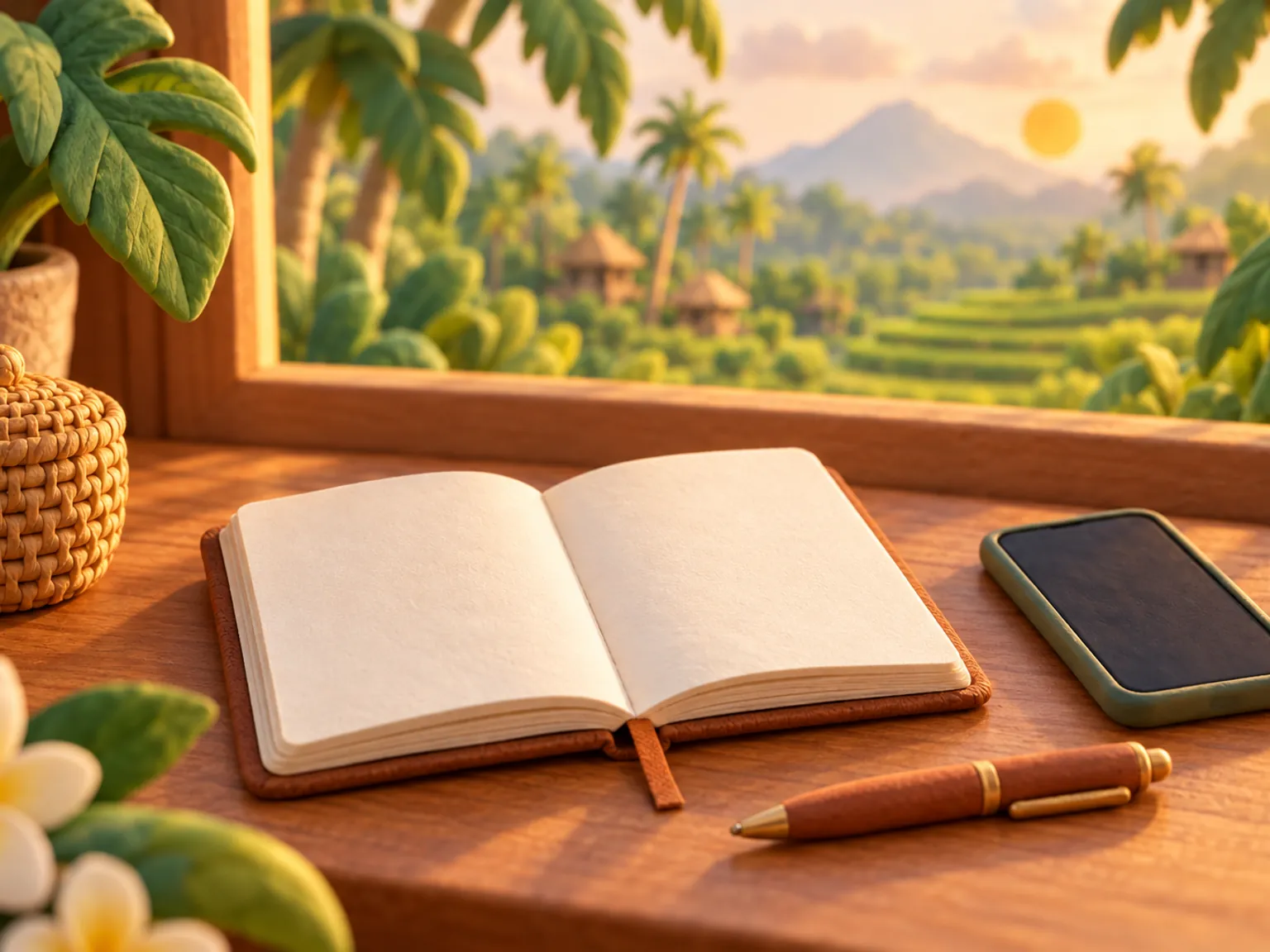 Illustration: a notebook, a pen and a phone on a desk beside a small woven basket.
