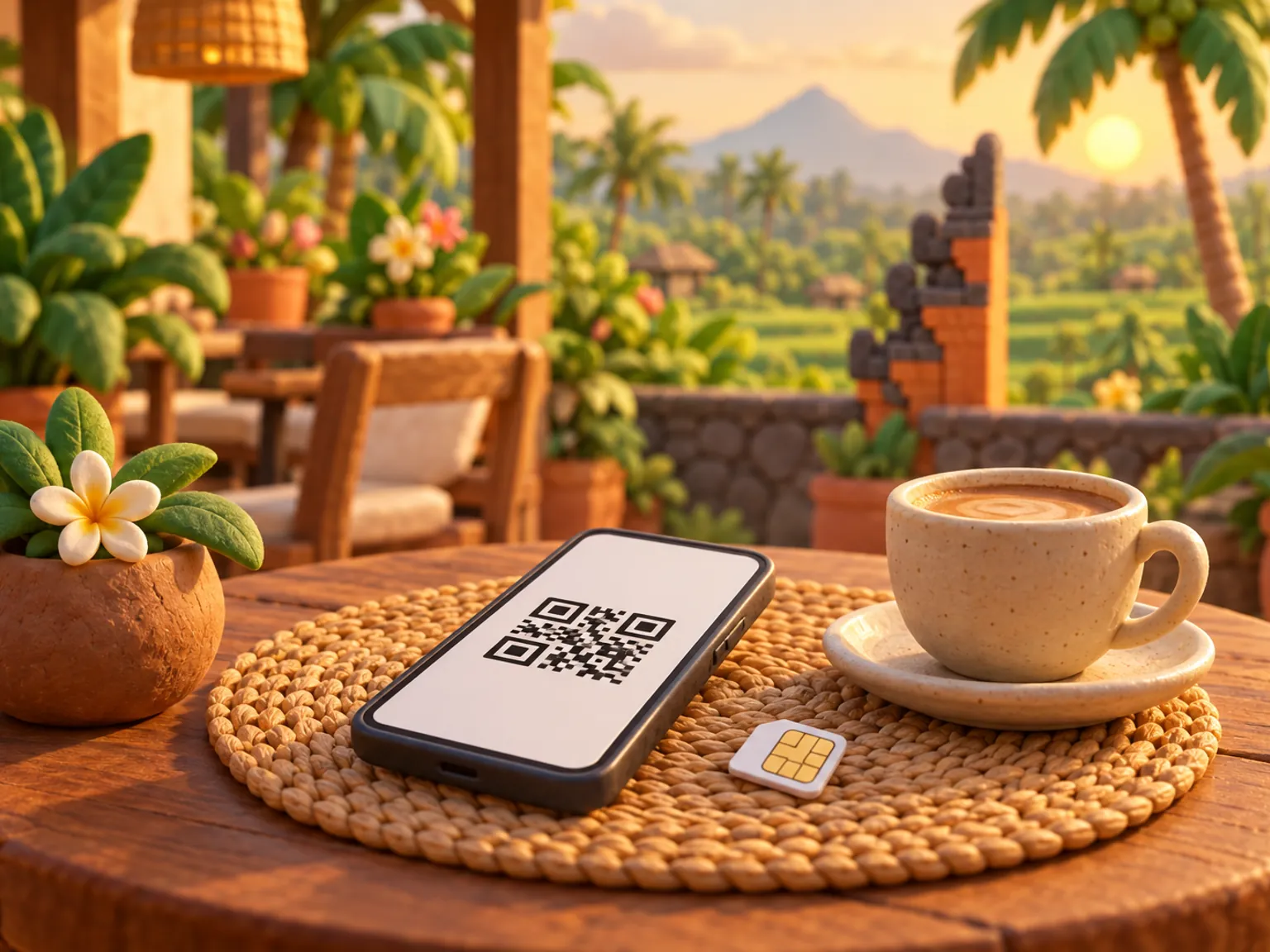 Illustration: on a cafe table, a phone showing a plain square QR pattern lies beside a small plastic SIM card and a cup of coffee on a woven tablemat.
