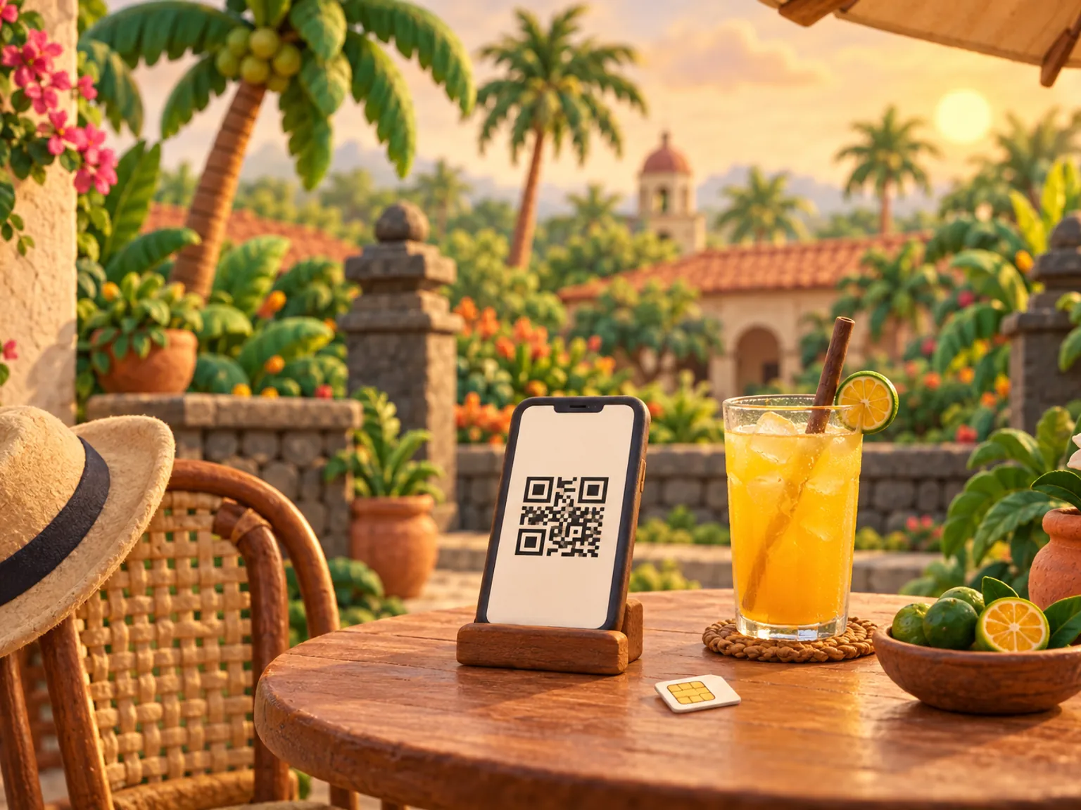 Illustration: a phone showing a QR code on a cafe table, beside a small SIM card and a glass of iced calamansi juice.