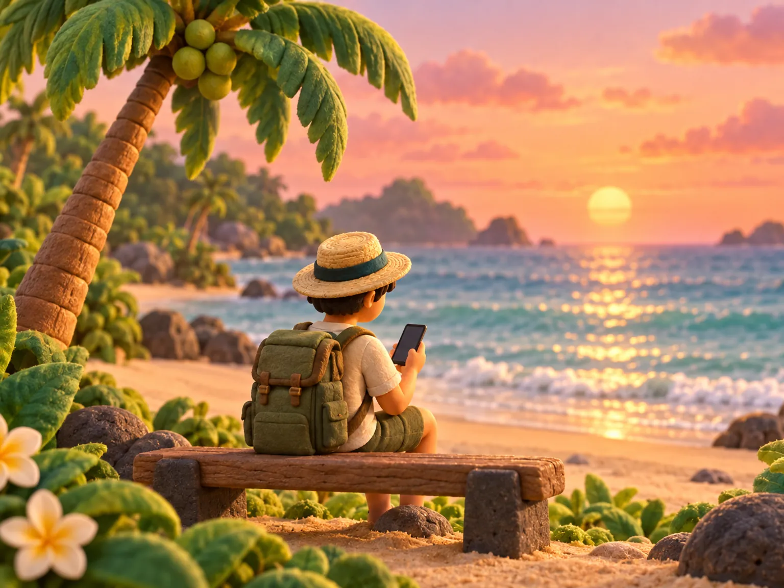 Illustration: a traveller reads a phone on a bench by a calm tropical shore at dusk.
