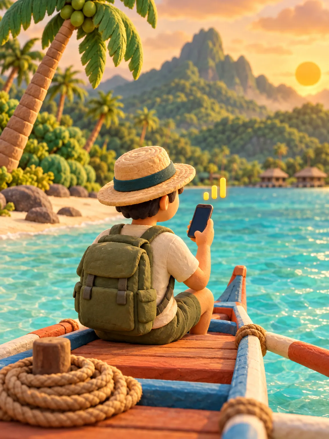 Illustration: a traveller on an outrigger boat in a turquoise lagoon holds up a phone.