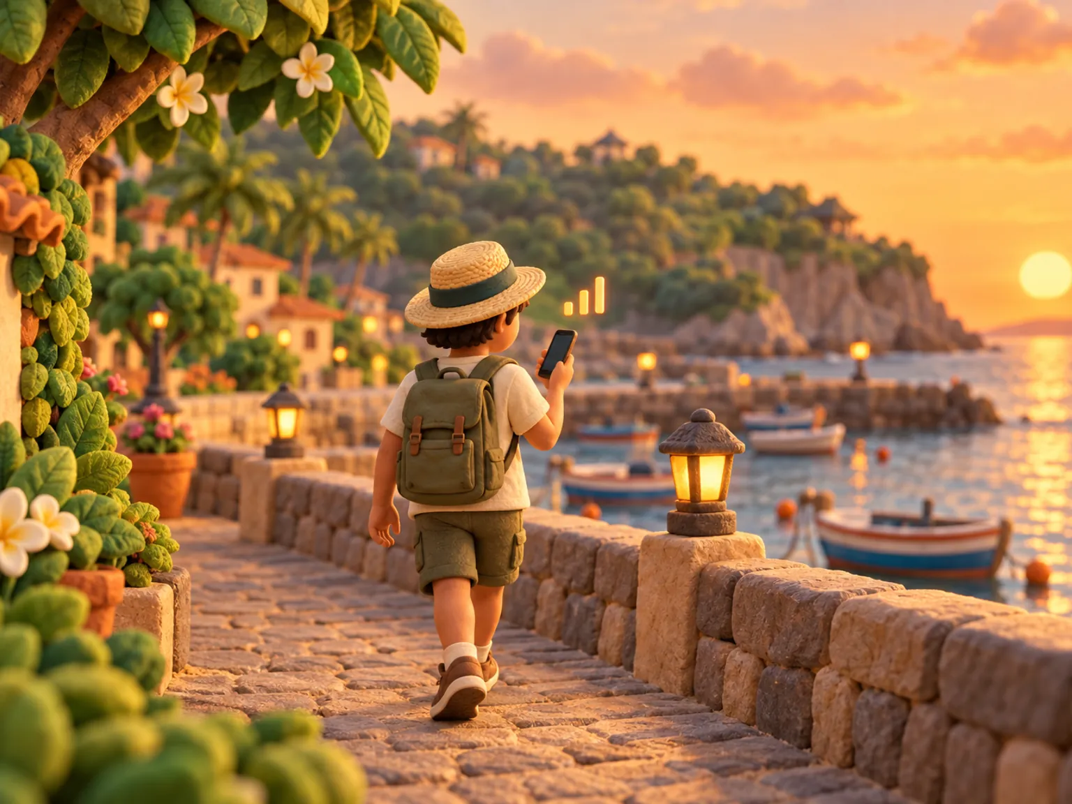 Illustration: a traveller walks a calm waterfront promenade at dusk, lamps along the low sea wall and boats resting in the shallows, a quiet headland beyond.
