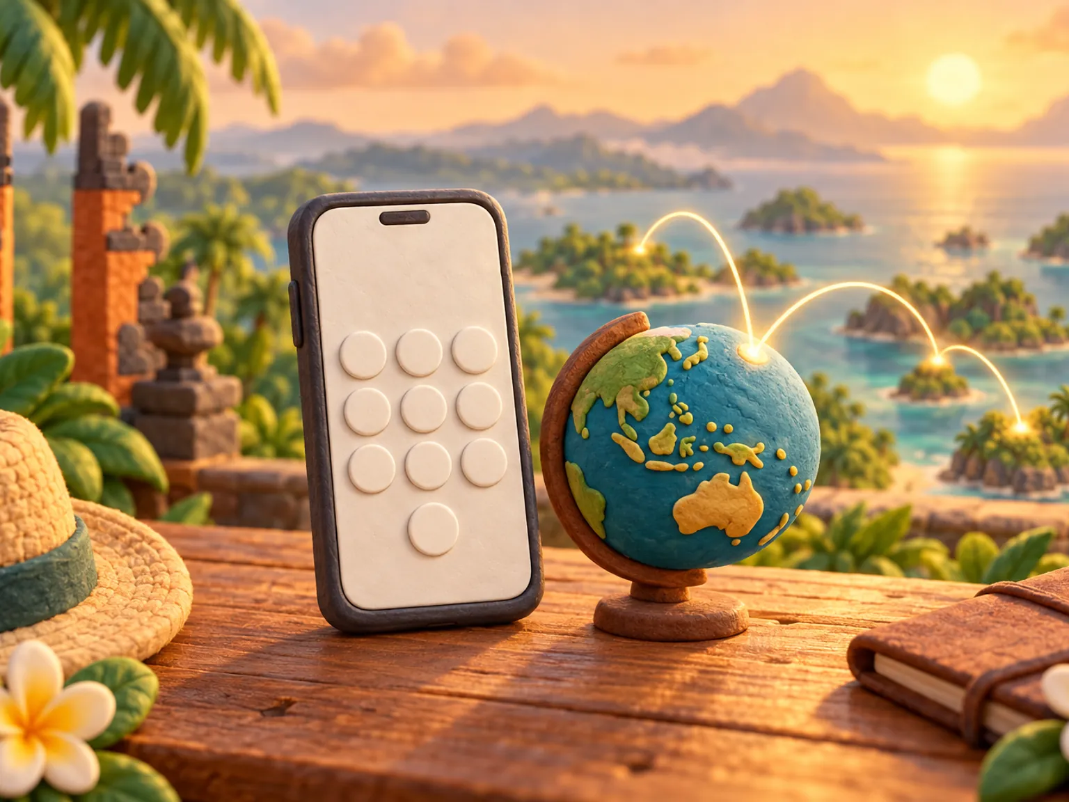 Illustration: a phone on a wooden table shows a keypad of blank round keys, with a small globe beside it and a glowing arc rising from a scatter of islands.
