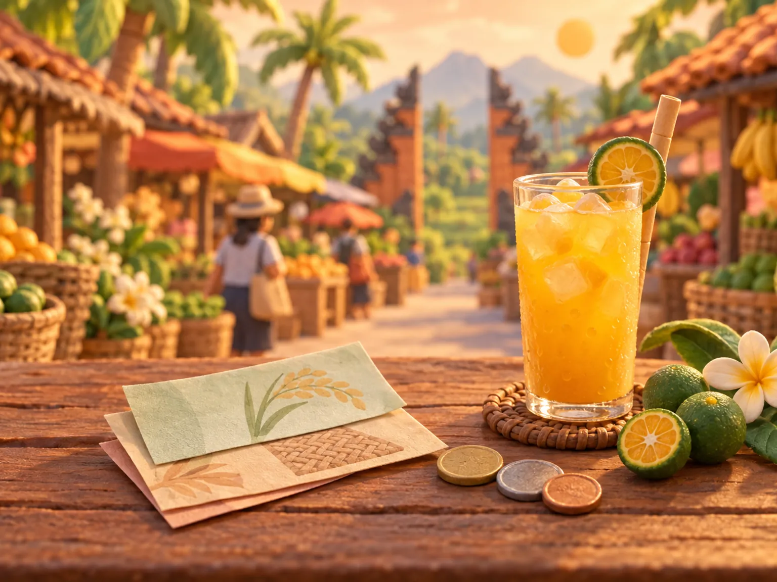 Illustration: plain banknotes in soft colours and three coins on a wooden table beside a tall glass of iced calamansi juice, a market lane in warm light behind.