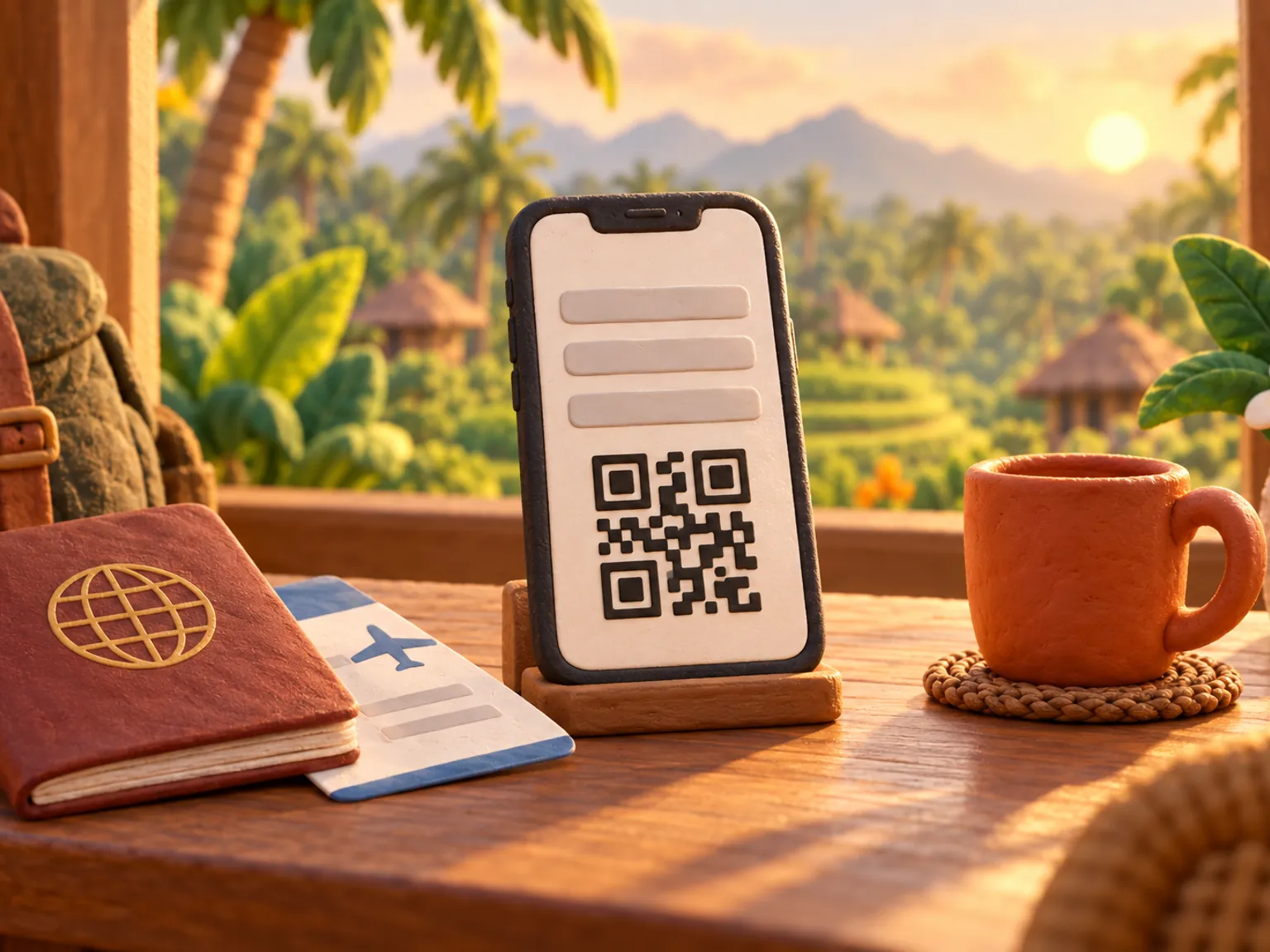 Illustration: a phone showing a plain QR pattern beside a passport and a boarding pass on a table by a window.