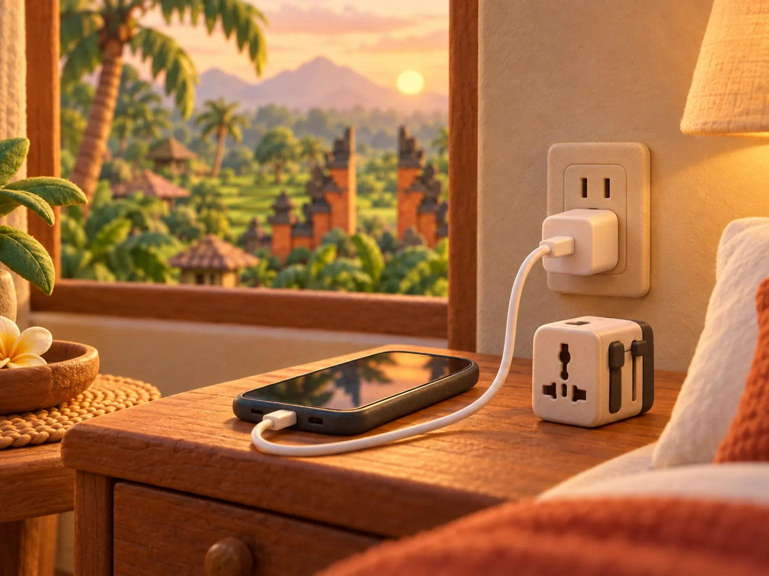 Illustration: a phone charging from a plain white plug in a wall socket with two flat slots, a travel adapter resting on a bedside table.