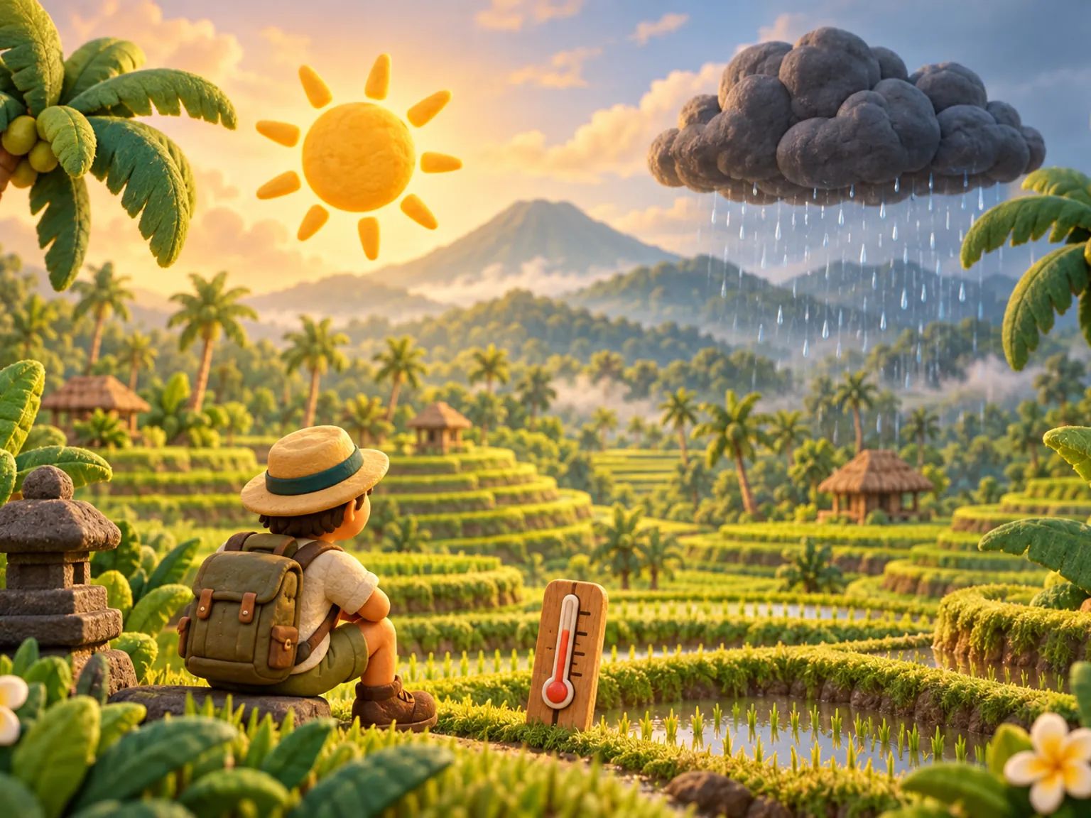 Illustration: a sun and a rain cloud over terraced rice fields ringed with palms, rain falling on one side and sunlight on the other, a thermometer at the edge of a paddy.