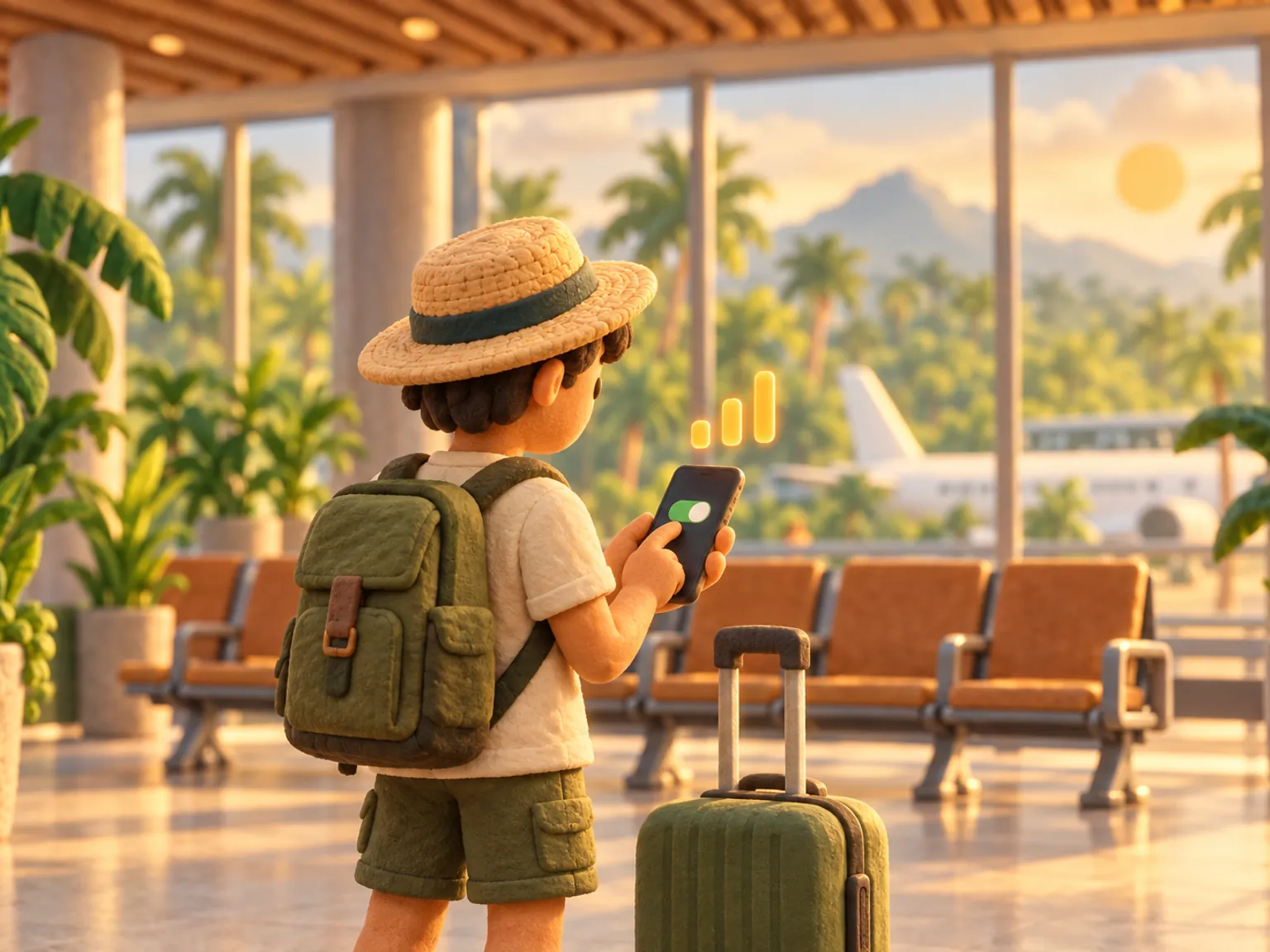 Illustration: a traveller switches a toggle on a phone in an arrivals hall with potted palms.