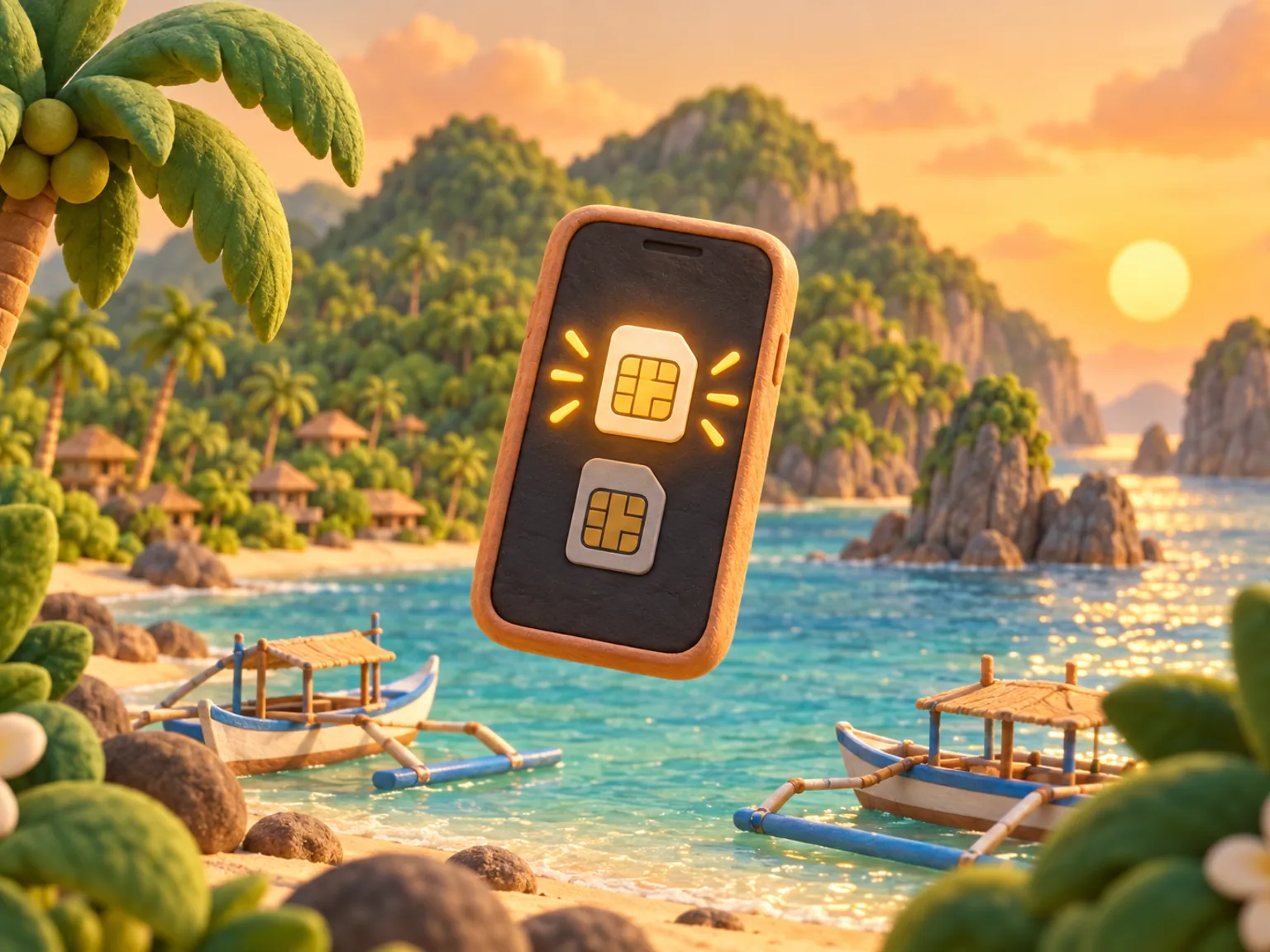 Illustration: a phone with two SIM lines on its screen, one glowing, above a bay with outrigger boats.