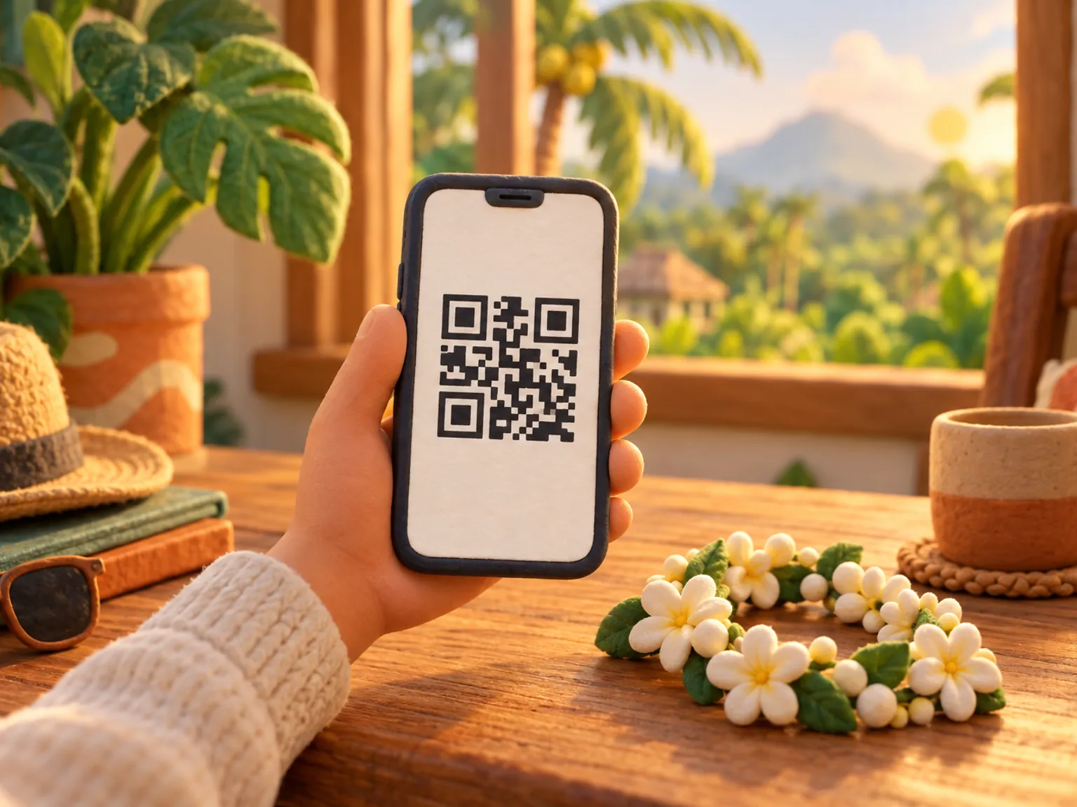 Illustration: a hand holds a phone showing a QR code on a wooden table beside a sampaguita garland.