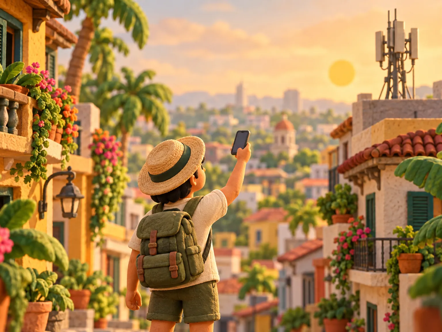 Illustration: a traveller on a Manila street holds a phone up toward a signal mast on a rooftop.
