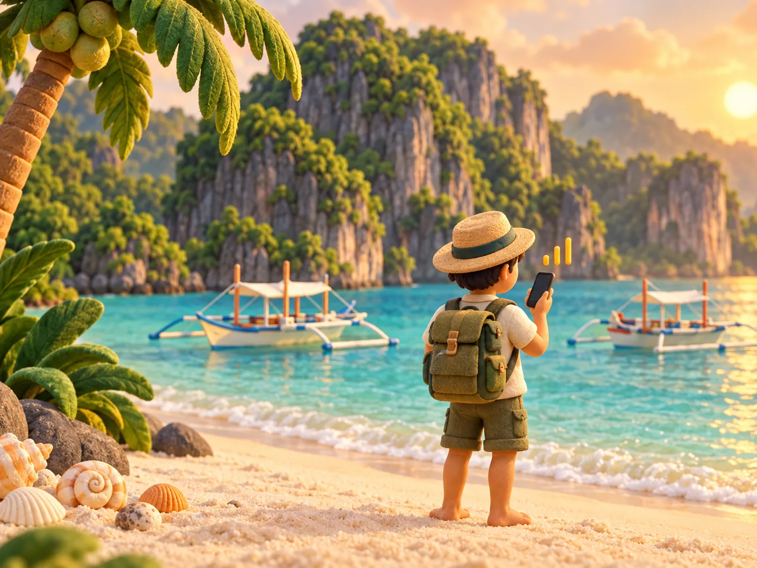 Illustration: a traveller on a white-sand beach holds up a phone, outrigger boats on turquoise water and limestone cliffs behind.