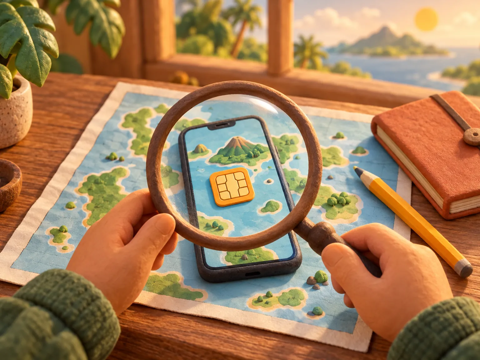 Illustration: hands hold a phone under a magnifying glass beside a small map of islands.