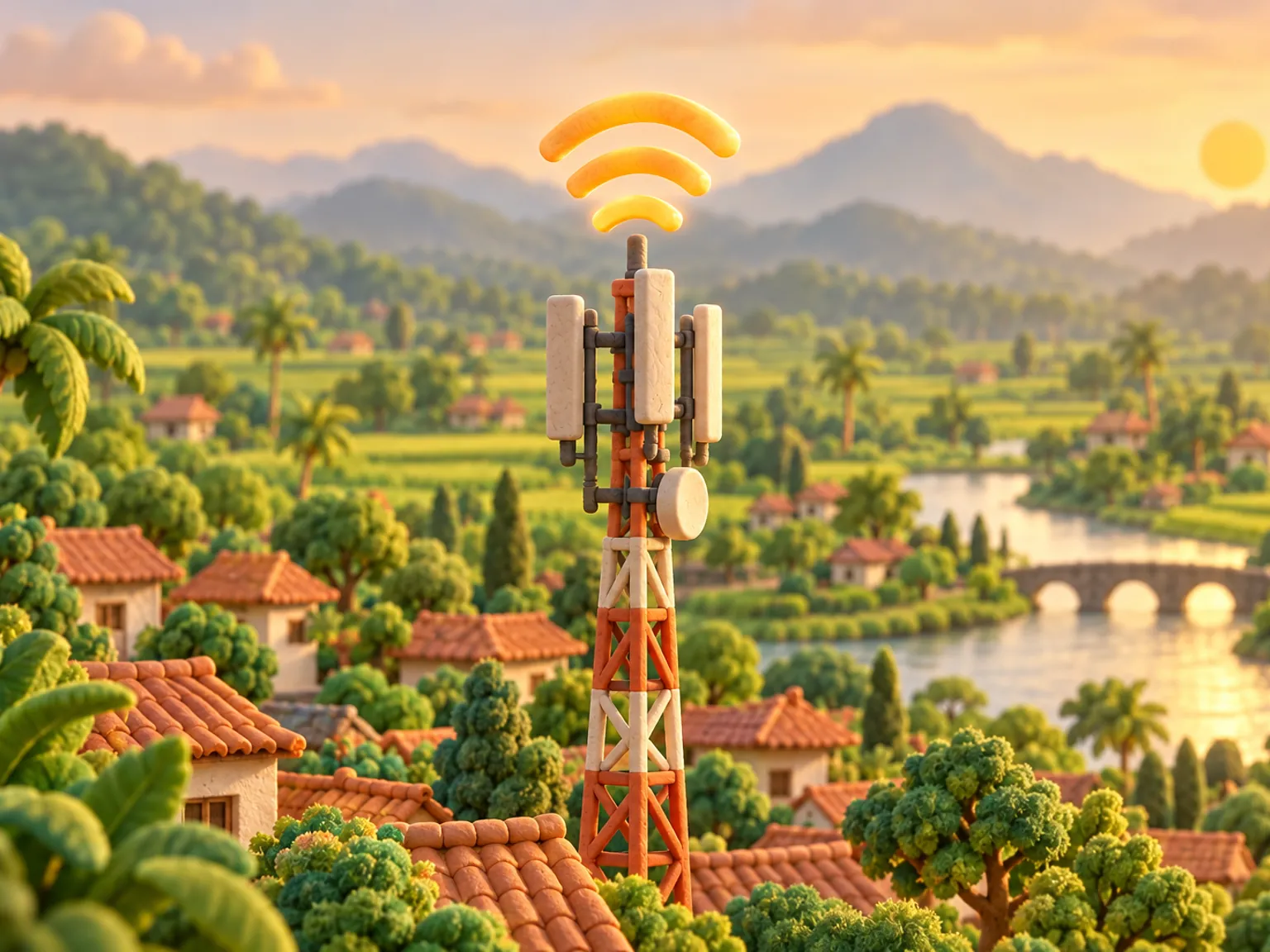 Illustration: a slim signal mast above a provincial town, three glowing signal arcs above it, a river curving between green fields and low tiled roofs, gentle hills in soft haze behind.