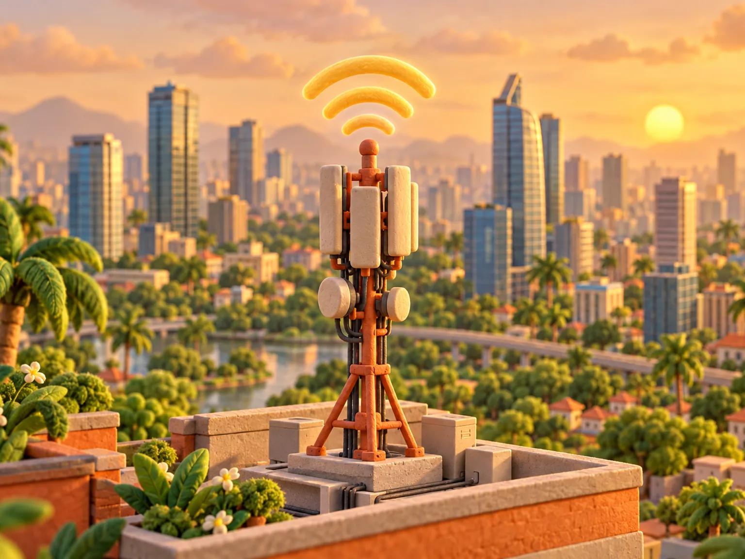 Illustration: a signal mast on a rooftop above a modern city skyline at golden hour, three glowing signal arcs above it, glass towers rising over a green park and the city in warm haze behind.