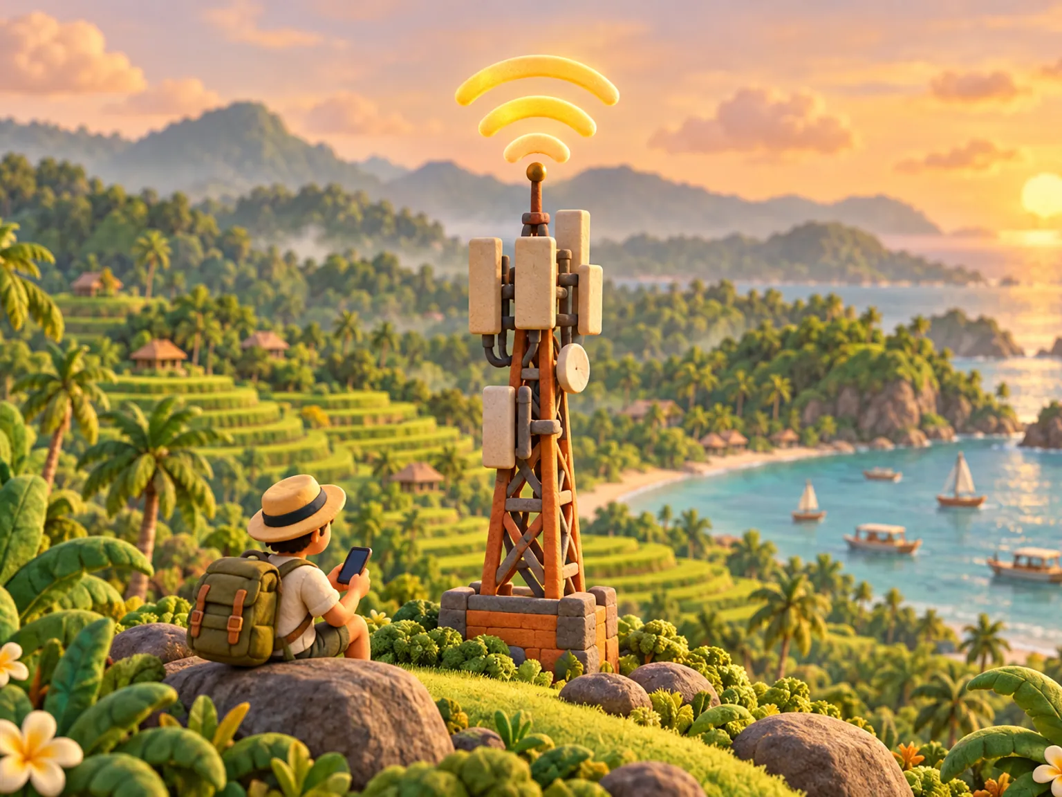 Illustration: a signal mast on a hill above a tropical coastline, three glowing signal arcs above it, rice terraces stepping down toward a bay with small boats and forested hills in soft haze behind.