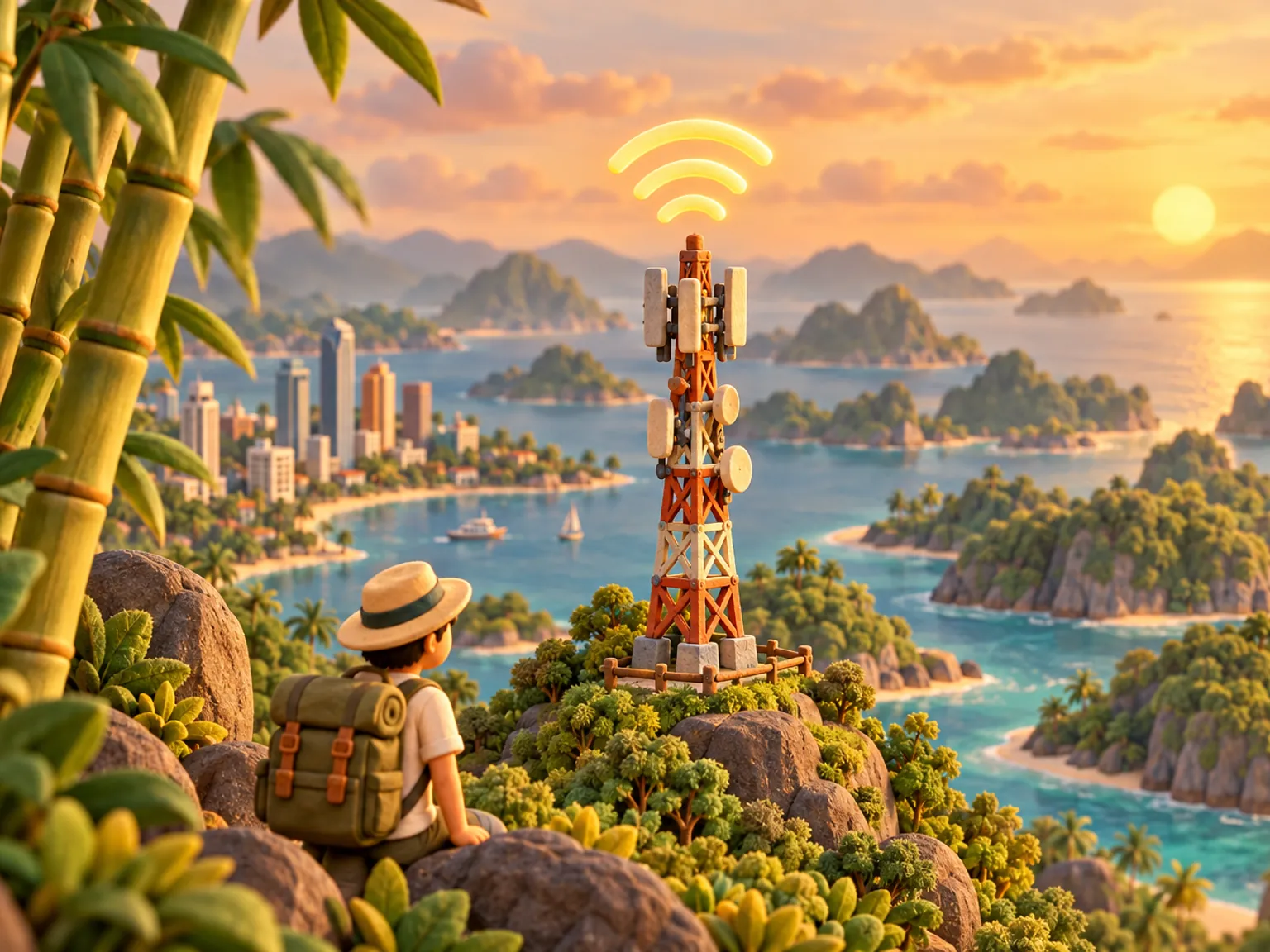 Illustration: a signal mast on a ridge above an archipelago, three glowing signal arcs above it, city towers on one shore and green islands scattered across open sea, a bamboo stand at the left.