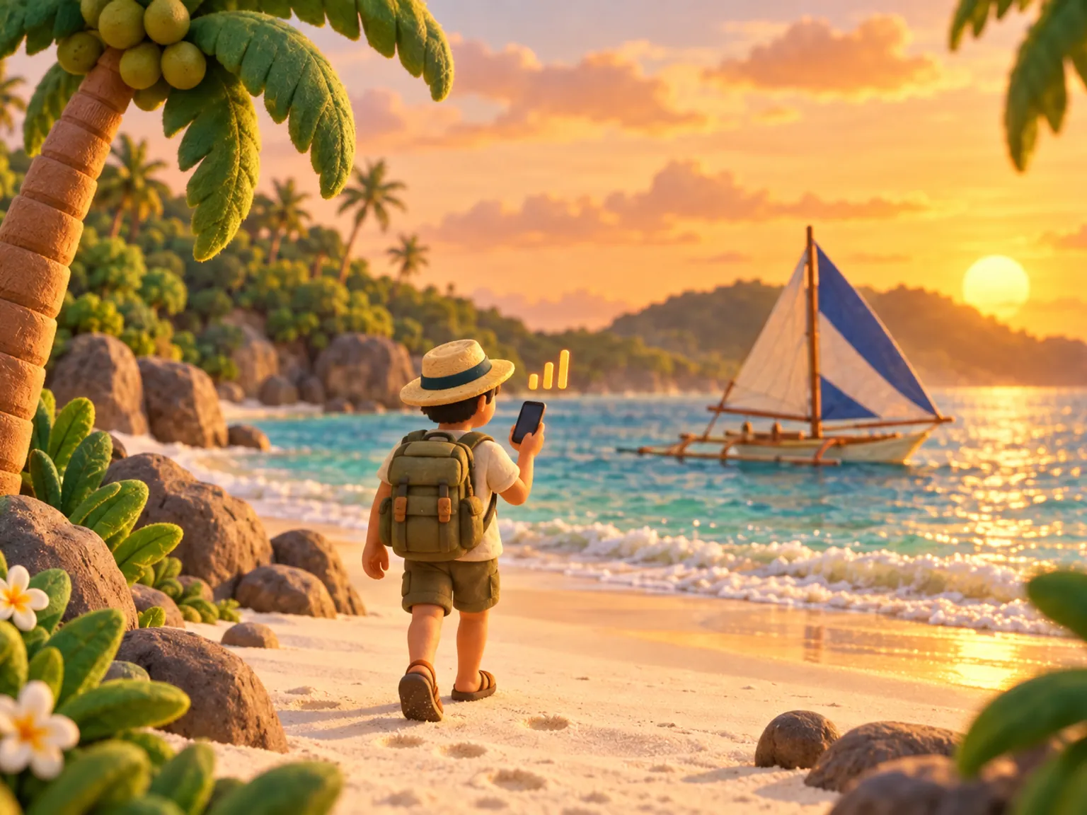 Illustration: a traveller walks along a white-sand beach at sunset, gentle surf and a paraw outrigger sailboat on the water, a golden sky over a soft headland.