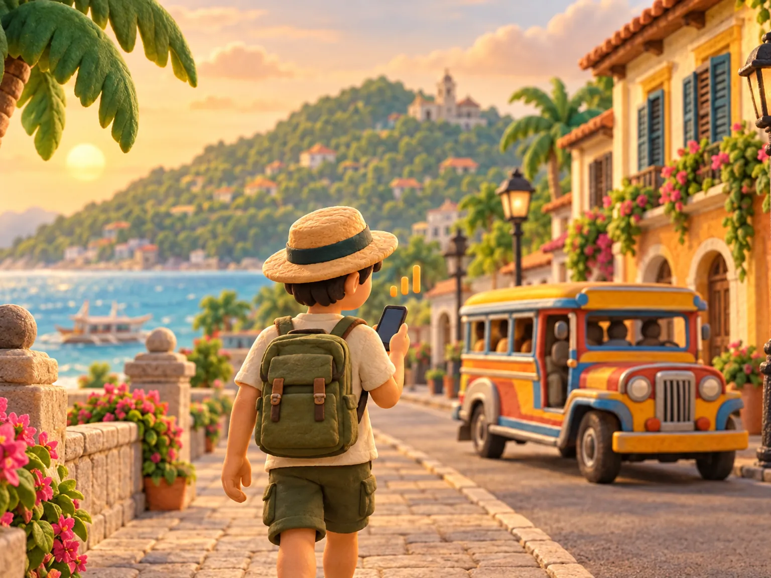 Illustration: a traveller walks a coastal city street, a colourful jeepney passing by the kerb and low buildings with shuttered windows, a green hill above the sea.
