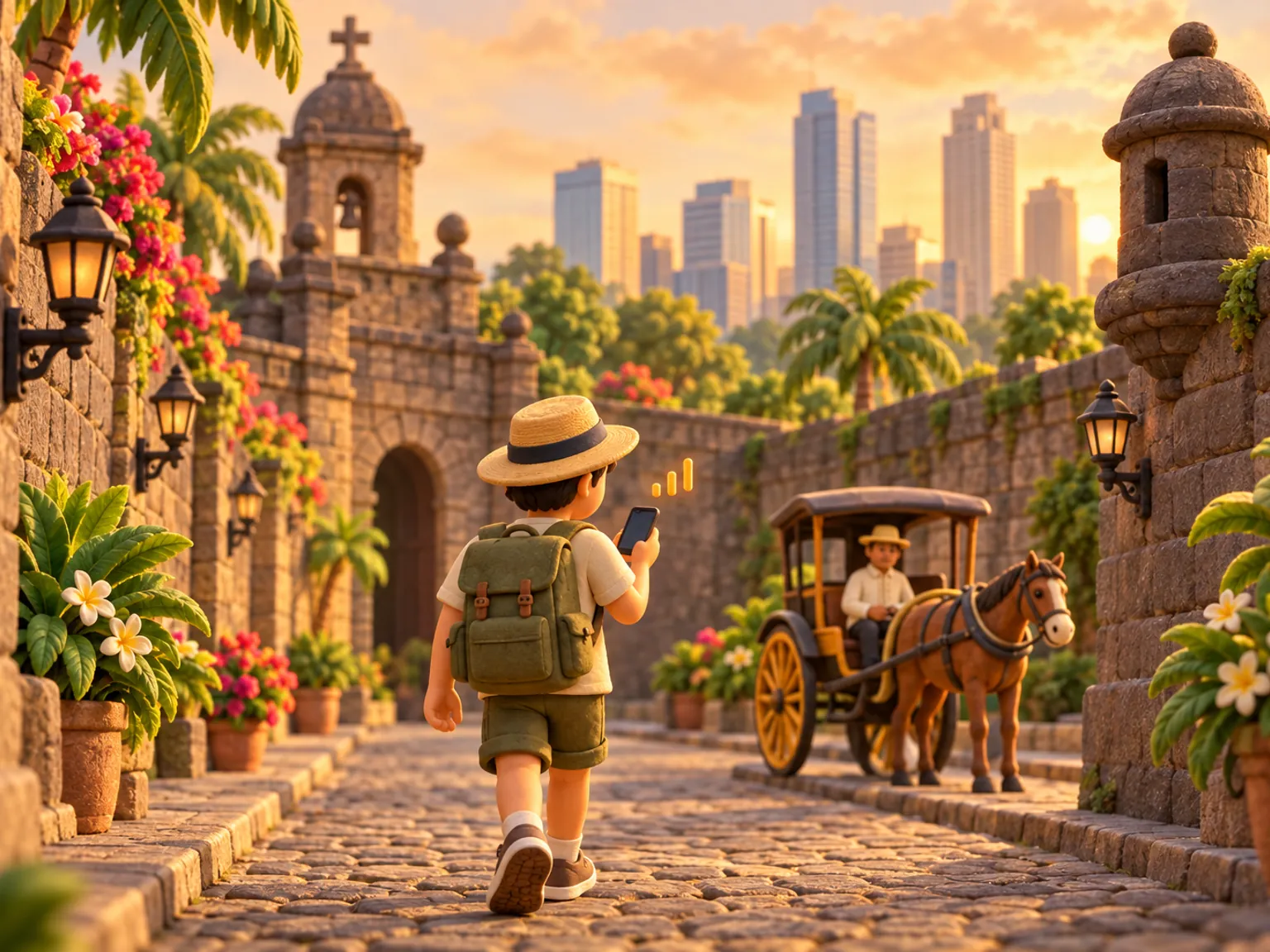 Illustration: a traveller walks a street of old stone walls in Intramuros, a calesa waiting by the kerb, office towers rising beyond the walls.