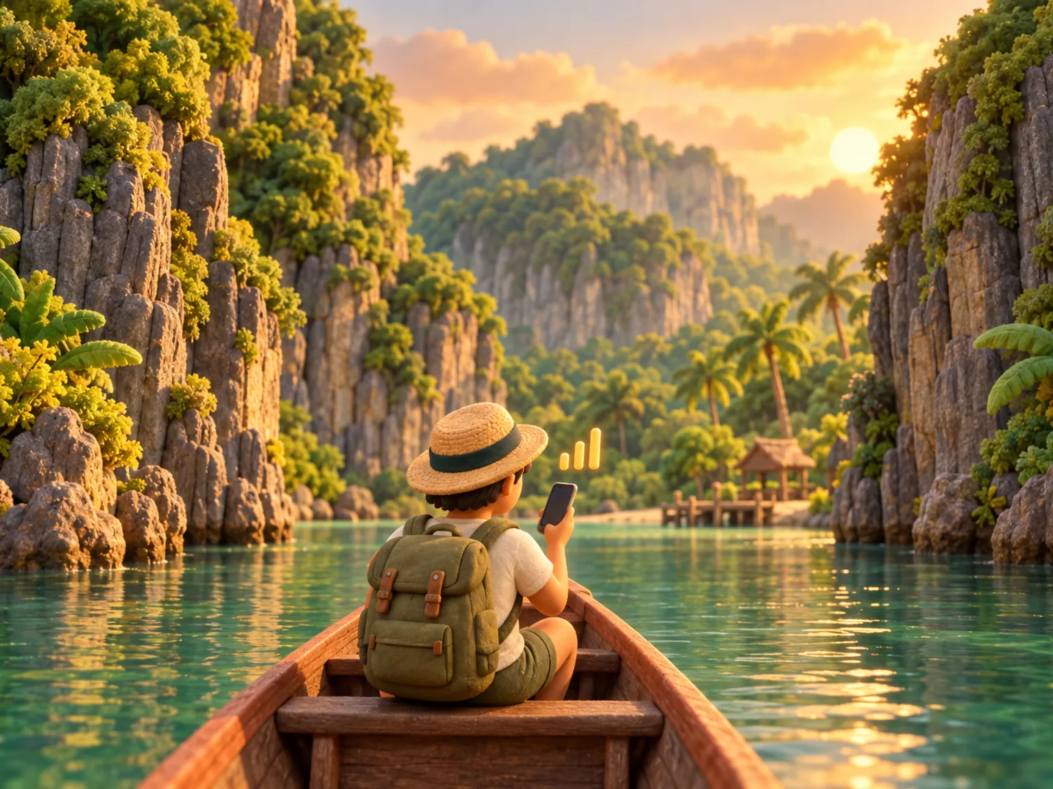 Illustration: a traveller sits in a small boat entering a river between tall limestone walls, a low wooden landing at the water's edge and jungle crowning the cliffs.