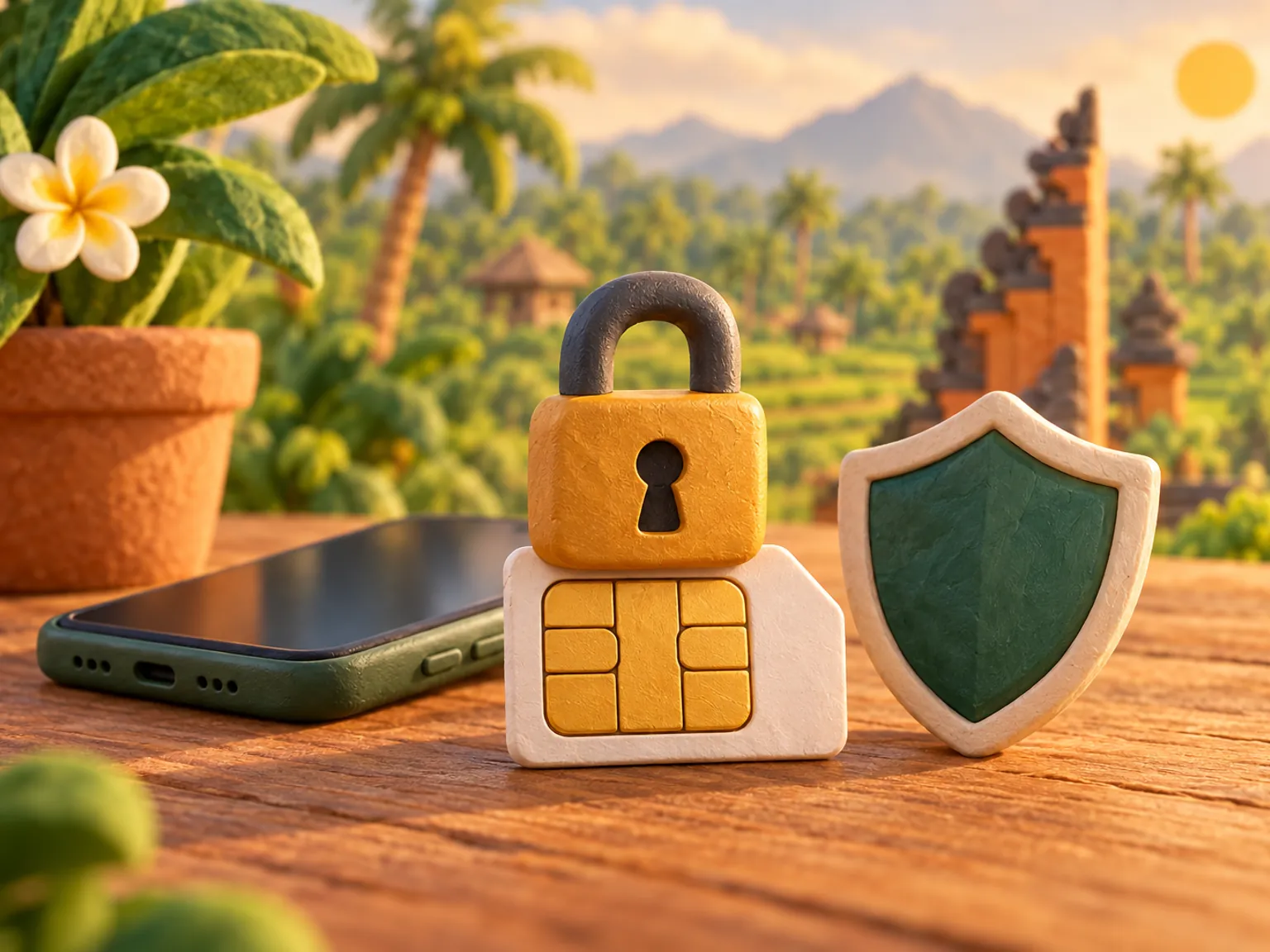 Illustration: a padlock resting on a SIM card beside a phone and a shield.