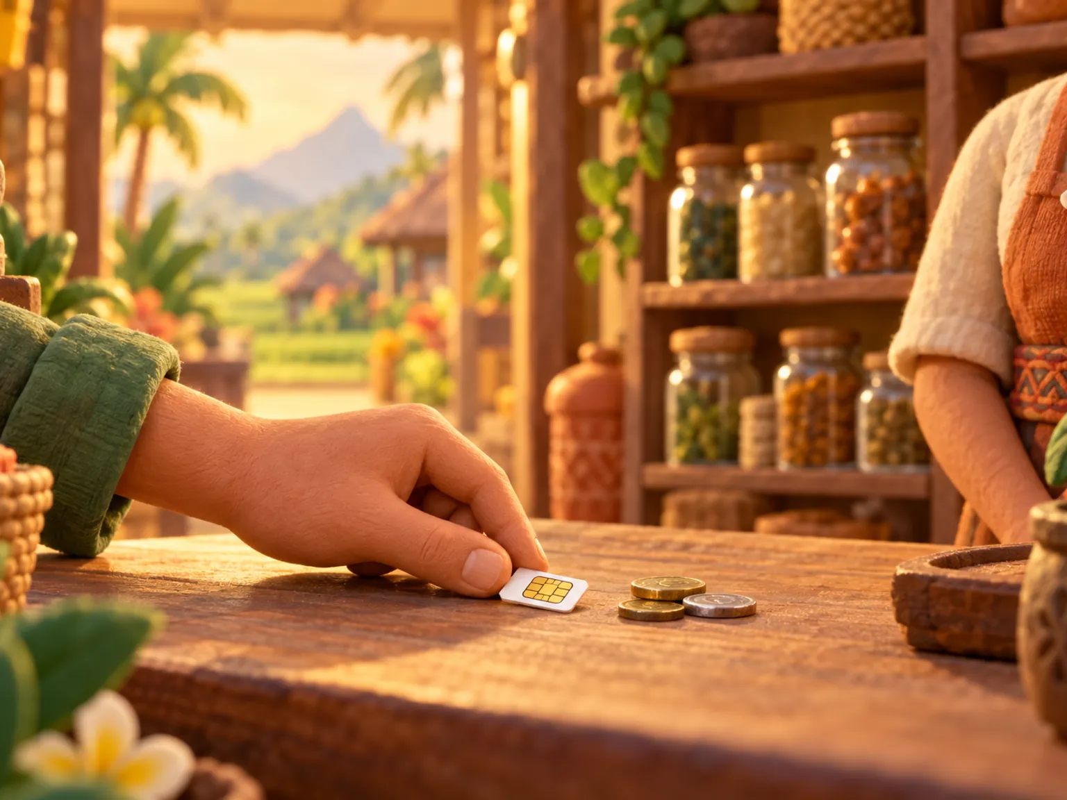 Illustration: a hand returns a SIM card across a shop counter, coins beside it.