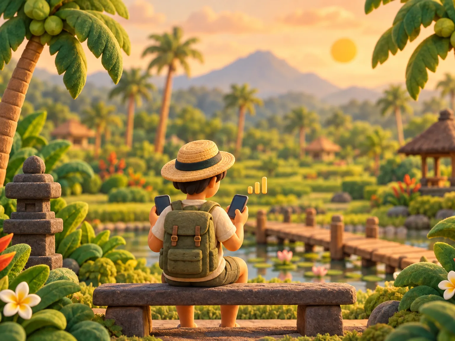 Illustration: a traveller sits on a bench in a tropical park, seen from behind, comparing two phones, one with signal bars floating beside it.