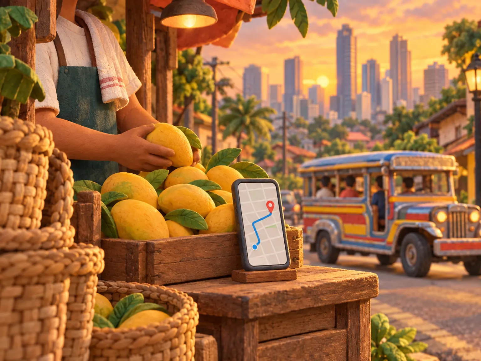 Illustration: a Manila street corner with a small shop, a jeepney passing and a phone showing a map.