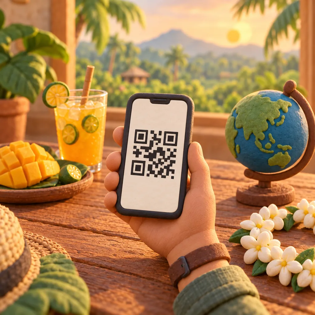 Illustration: a hand holds a phone showing a QR code beside a sampaguita garland and a small globe.