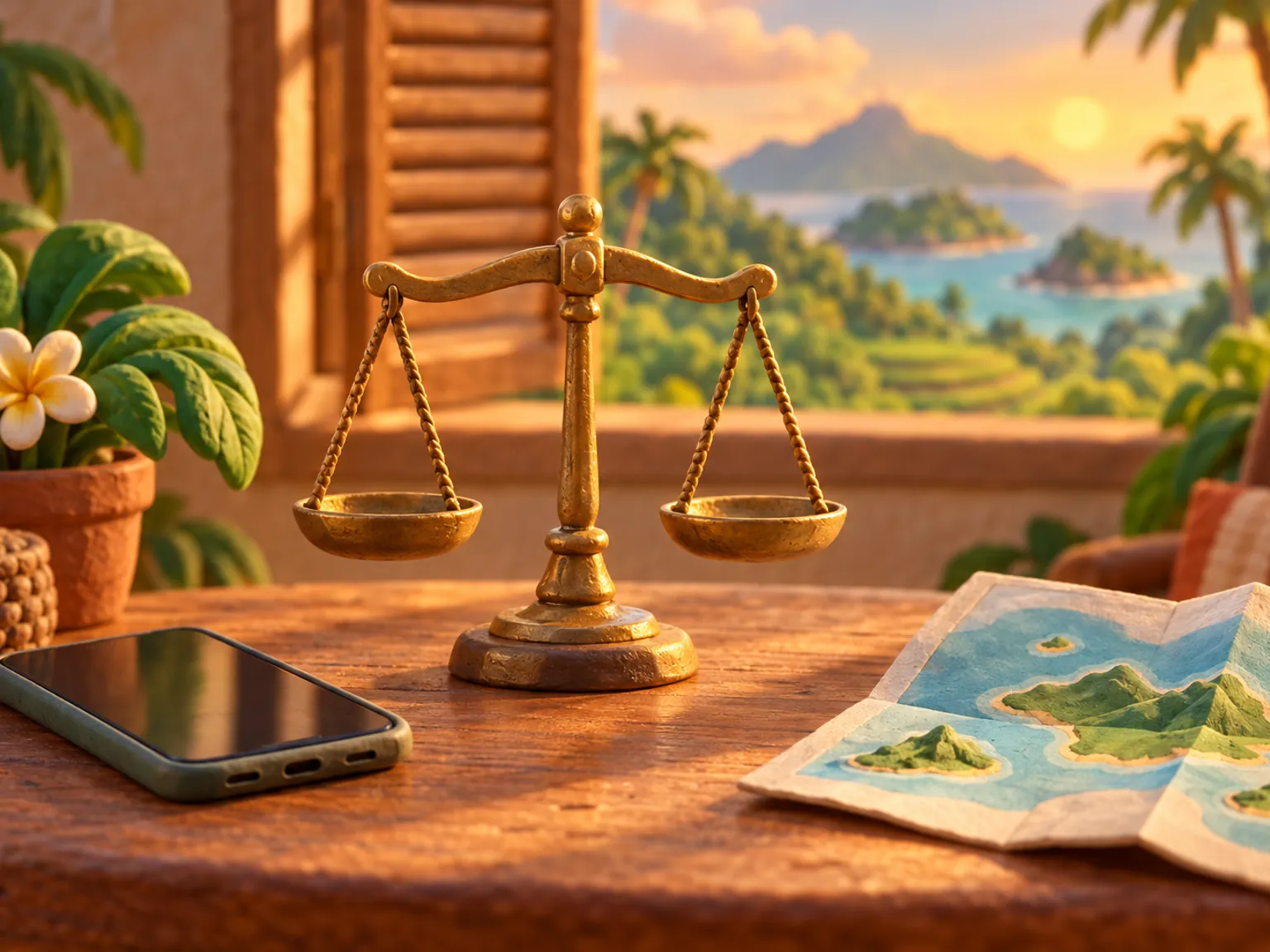 Illustration: a small balance scale on a wooden table beside a phone and a folded map of islands.